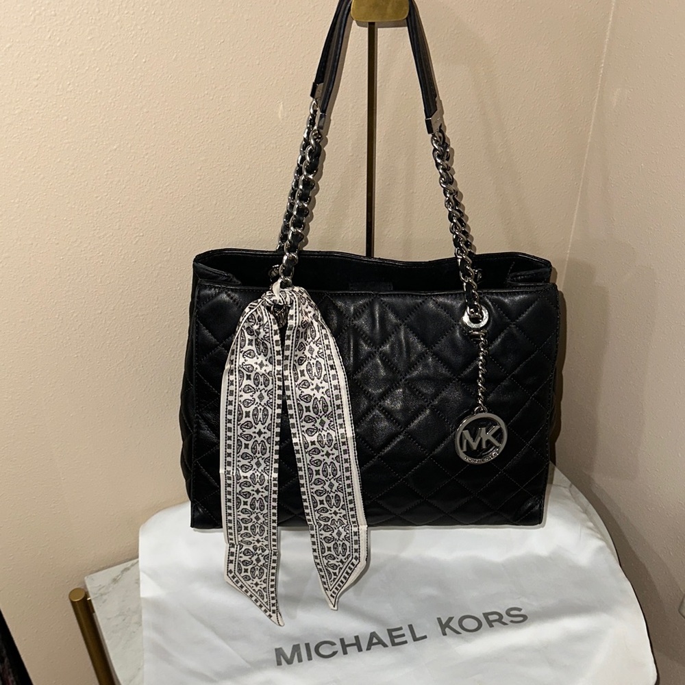 Michael Kors Black Quilted Shoulder Bag With Dust Bag & Scarf